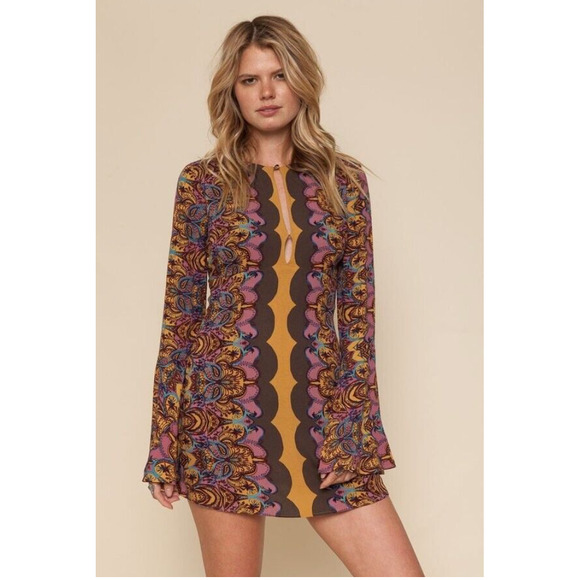Free People Dresses & Skirts - Free People Ossie Vibes Bell Sleeve Paisley Mini Shift Dress Gold Brown Sz 2